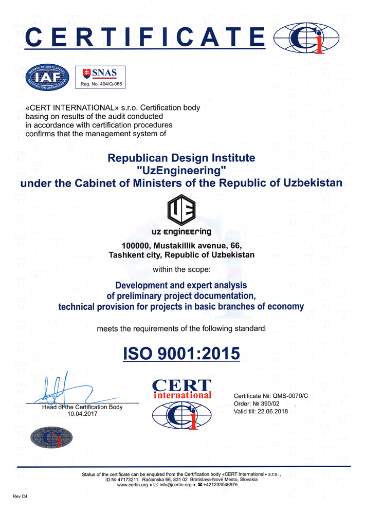 ISO 9001:2015 Xalqaro muvofiqlik sertifikati