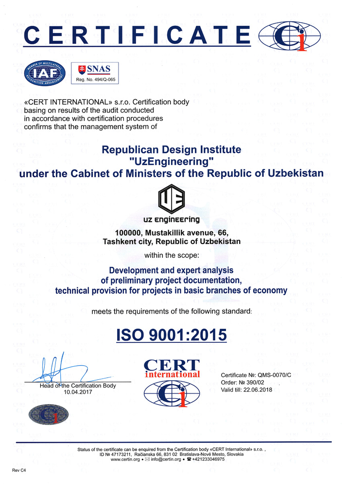 International certificate of compliance ISO 9001: 2015