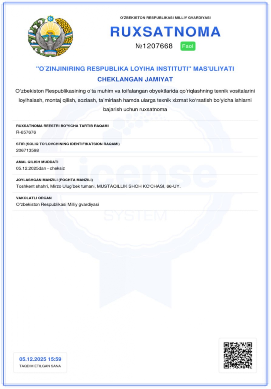 O'zbeklston Respublikasining o'ta muhim va toifalangan obyeklarida qo'riqlashning texnik vositalarini loylhalash, monlaj qilish, sozlash, ta'mirlash hamda ularga texnik xlzmat ko'rsalish bo'yicha ishlarni bajarlsh uchun ruxsatnoma